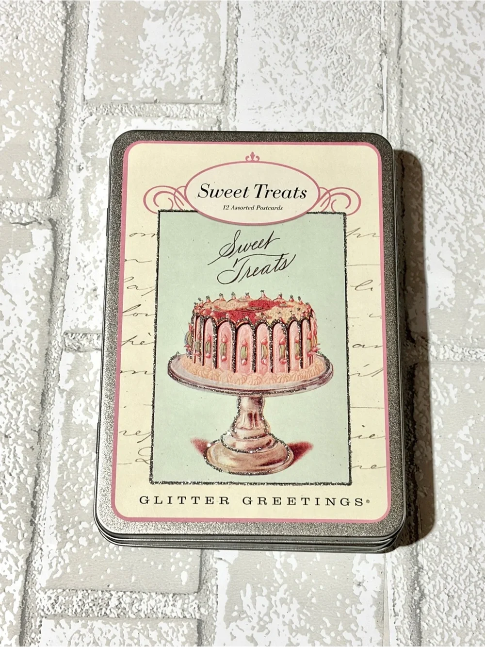 11 Cards & Tin Sweet Treats Glitter Greetings Post Card Set by Cavallini & Co